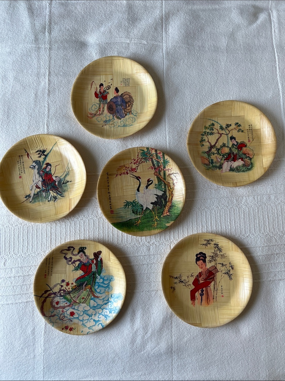 Vintage Decorative Bamboo Plates - Set of 6 (Natural Tan)